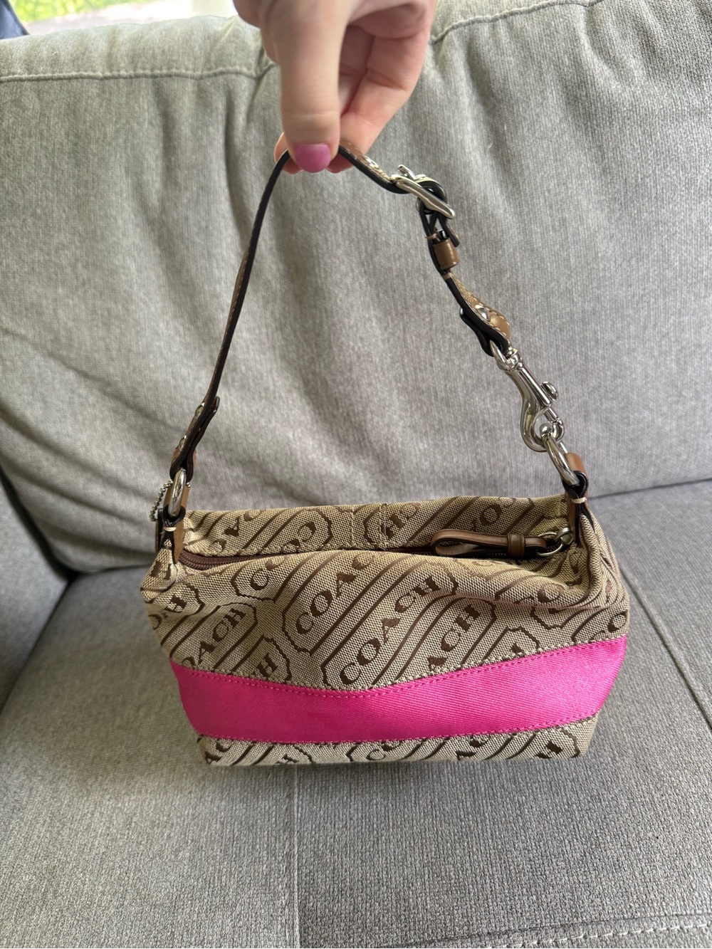 Coach Beige Signature Mini Wristlet with Pink Accent